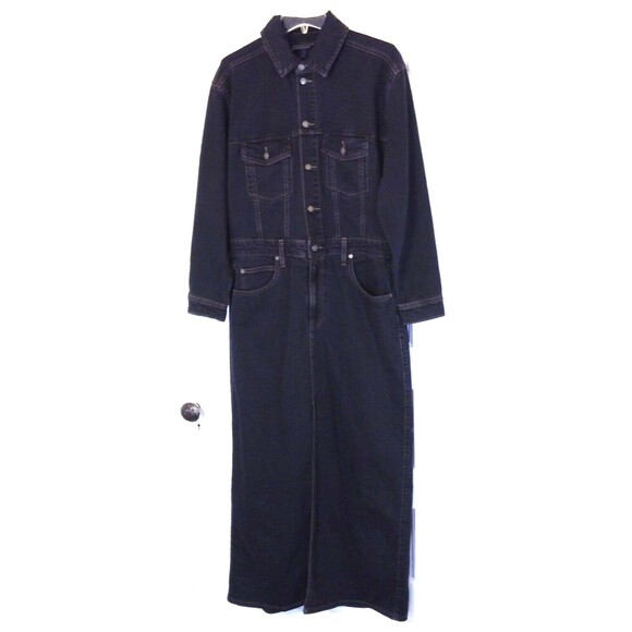 Vtg Y2K Denim Jean Maxi Dress Wn 12 Black Long Sleeve Stretch Western Grunge 90s - Picture 3 of 9